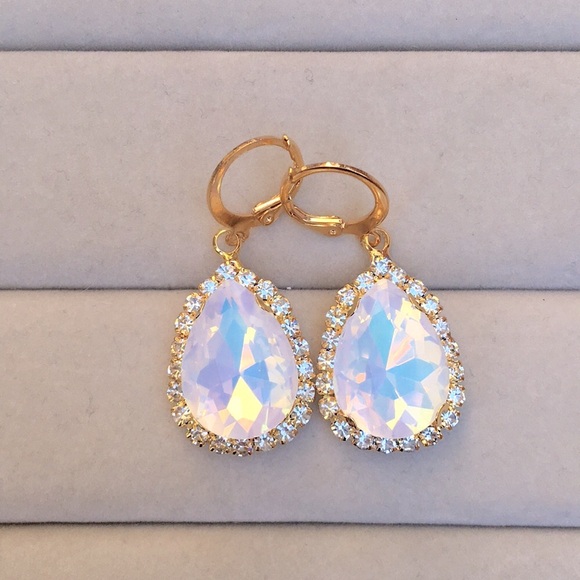 Jewelry - White Opal Aurora Borealis + Gold Pear Crystal Halo Drop Earrings